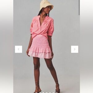 Anthropologie Pink Striped Puff-Sleeve Blouse